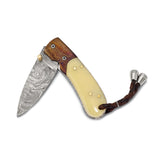 Luxury Giftware Damascus Steel 256 Layer Camel Bone Handle Folding Blade Knife with Leather Sheath and Wooden Gift Box