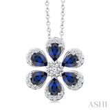4X3 MM Floral Blossom Pear Cut Sapphire and 1/6 Ctw Round Cut Diamond Precious Pendant With Chain in 14K White Gold