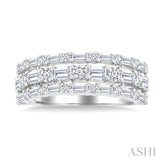 1 1/2 Ctw Triple Row Emerald, Baguette and Round Cut Diamond Fashion Band in 14K White Gold