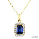 6x4 MM Octagonal Shape Sapphire and 1/6 Ctw Round Cut Diamond Halo Precious Pendant with Chain in 14K Yellow Gold