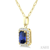 6x4 MM Octagonal Shape Sapphire and 1/6 Ctw Round Cut Diamond Halo Precious Pendant with Chain in 14K Yellow Gold