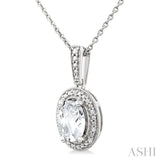 7X5 MM Oval Shape White Topaz and 1/50 Ctw Round Cut Diamond Semi-Precious Pendant With Chain in Sterling Silver