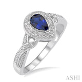 6X4 MM Pear Shape Sapphire and 1/50 Ctw Round Cut Diamond Ring in Sterling Silver