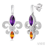 8X4 MM Marquise Cut Amethyst, 6X3 MM Marquise Cut Citrine and 1/20 Ctw Round Cut Diamond Fleur De Lis Earrings in Sterling Silver
