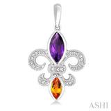 8X4 MM Marquise Cut Amethyst, 6X3 MM Marquise Cut Citrine and 1/20 Ctw Round Cut Diamond Fleur De Lis Earrings in Sterling Silver