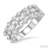 1 1/2 Ctw Triple Row Baguette, Marquise and Round Cut Diamond Fashion Band in 14K White Gold