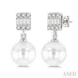 6 MM Cultured Pearls and 1/10 Ctw Baguette and Round Cut Diamond Earrings in 14K White Gold