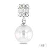 6 MM Cultured Pearls and 1/10 Ctw Baguette and Round Cut Diamond Earrings in 14K White Gold