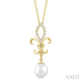 1/10 ctw Fleur De Lis 7X7 MM White Cultured Pearl and Round Cut Diamond Pendant With Chain in 10K Yellow Gold