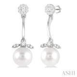 1/4 ctw Lovebright 7X7MM Cultured White Pearl and Round Cut Diamond Fashion Earrings in 14K White Gold