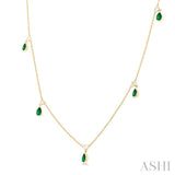 5x3 MM Pear Shape Emerald and 1/4 Ctw Round Cut Diamonds Precious Station Necklace in 14K Yellow Gold