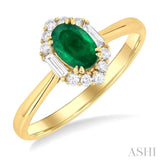 1/5 ctw Hexagon Shape 6X4MM Oval Cut Emerald & Baguette and Round Cut Diamond Halo Precious Ring in 10K Yellow Gold