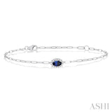 5X3MM Oval Cut Sapphire and 1/20 ctw Single Cut Diamond Halo Precious Paper Clip Bracelet in 10K White Gold