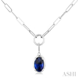 6X4MM Oval Cut Sapphire Solitaire Precious Paper Clip Necklace in 10K White Gold