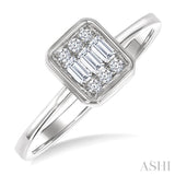 1/6 Ctw Petite Bezel Set Emerald Shape Fusion Baguette and Round Cut Diamond Fashion Ring in 10K White Gold
