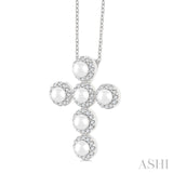 3 MM Cross Cultured Pearl and 1/4 Ctw Round Cut Diamond Pendant With Chain in 14K White Gold