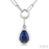 6x4 MM Pear Cut Sapphire Solitaire Precious Paperclip Pendant With Chain in 10K White Gold