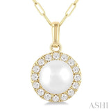 6 MM Cultured White Pearl and 1/6 Ctw Round Cut Diamond Halo Pendant With Chain in 10K Yellow Gold