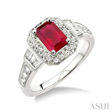 6x4 MM Octagon Cut Ruby and 1/4 Ctw Round and Baguette Cut Diamond Ring in 14K White Gold