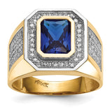 14k w/ Rhodium CZ & Emerald-cut Blue CZ Mens Ring